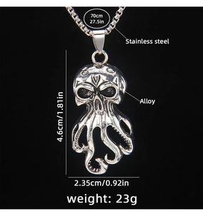 Detail showing dimensions of octopus skull pendant with 70cm stainless steel chain