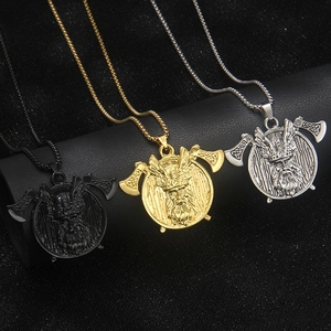 Nordic Viking Warrior Double Axe Stainless Steel Pendant Necklace Retro Shield Warrior Head Men Fashion Hip Hop Jewelry Accessory