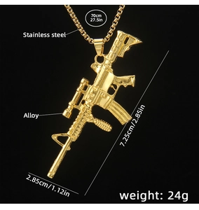 Detailed view of gold rifle pendant with chain length and size specifications