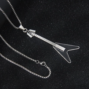 Punk rock style stainless steel box chain necklace with V-shaped black guitar pendant