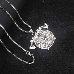 Nordic Viking necklace featuring warrior helmet and double axes round pendant on silver chain