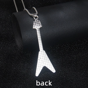 Silver guitar pendant necklace back view with star pattern on stainless steel chain