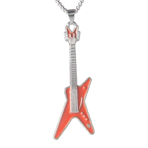 Collier avec pendentif guitare électrique orange en métal poli et chaîne croisée argentée