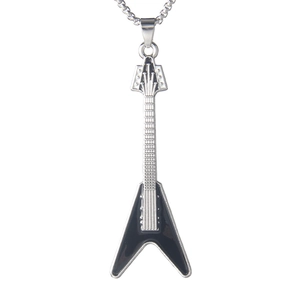 Rock style stainless steel guitar pendant necklace with black enamel inlay on silver chain