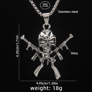 Collier punk pour homme en acier inoxydable avec pendentif tête de mort et fusils