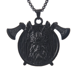 Nordic Viking necklace with double axes and winged helmet warrior pendant in black steel