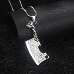 Punk style stainless steel skull cleaver pendant necklace with square pearl chain link