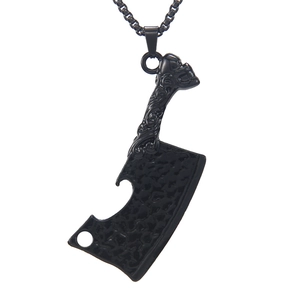 Gothic skull meat cleaver pendant necklace with hammered texture and black finish