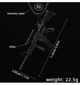 Detailed specs of black steel rifle pendant necklace showing 60cm chain and dimensions
