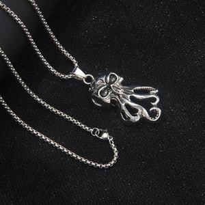Gothic stainless steel octopus skull necklace with vintage finish on a box chain