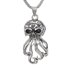 Retro stainless steel octopus necklace with skull pendant and oxidized vintage silver finish