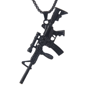 Men's hip hop necklace with black stainless steel M4 rifle pendant on white background