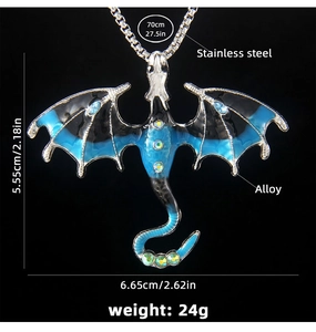 Close-up of gothic dragon pendant with blue enamel, iridescent rhinestones and 70cm chain