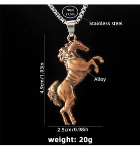 Macro view of vintage bronze horse pendant showing detailed dimensions and 70cm chain