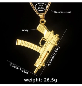 Detaillierte Größenkarte des goldenen Maschinengewehr-Anhängers mit Edelstahlkette