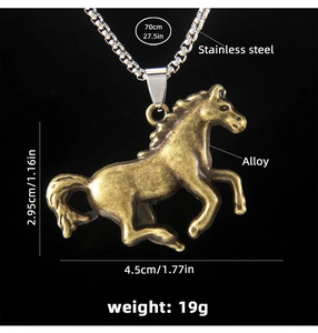 Close-up of golden horse pendant with 70cm stainless steel chain and dimensions