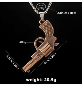 Detail of bronze revolver pendant with defeat the enemy text and stainless steel chain