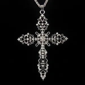 Collier Pendentif Grande Croix Gothic Punk pour Hommes Femmes Chaîne en Acier Inoxydable Alliage Strass Bijoux Hip Hop