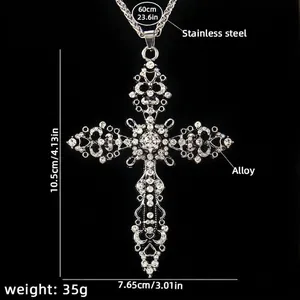 Collier grande croix en cristal style rétro punk avec chaîne en acier inoxydable de 60cm