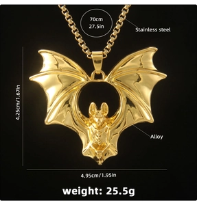 Detailed view of gold bat pendant dimensions and stainless steel chain specs