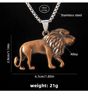 Detailed view of vintage lion pendant with intricate hair texture and round box chain