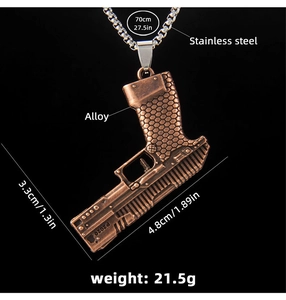 Detail showing bronze P2020 pistol pendant dimensions 4.8x3.3cm on 70cm steel chain