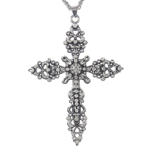 Pendentif croix punk vintage en acier inoxydable avec cristaux blancs et chaîne