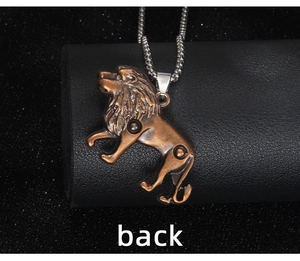 Detail showing the back of the vintage lion pendant on a stainless steel chain