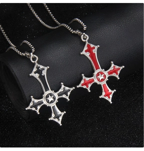 Gothic stainless steel inverted cross necklaces with red and black enamel star detail