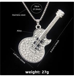 Macro detail of iced-out silver guitar pendant with 70cm stainless steel box chain necklace