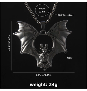 Detail view of gothic bat necklace showing 60cm chain length and pendant dimensions