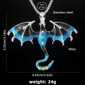 Dragon pendant necklace with rhinestones and colorful enamel wings for men's gothic jewelry