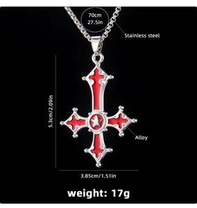 Size specifications for gothic inverted cross necklace with dimensions and material details