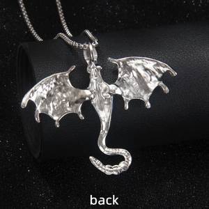 Gothic silver dragon pendant necklace with detailed wings for men's Halloween fashion