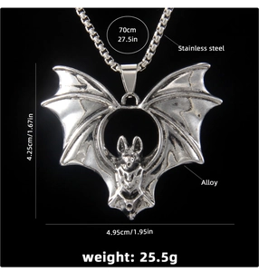 Detailed view of bat pendant size and weight specs with stainless steel chain measurements