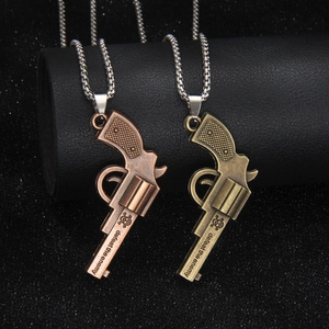 Retro bronze revolver pendant necklace in stainless steel with defeat the enemy engraving