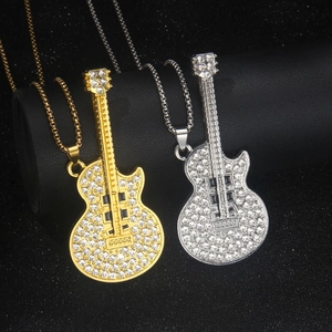 Hip Hop Guitar Pendant Necklace Stainless Steel Chain With Alloy Rhinestone Musical Instrument Jewelry For Men Women Party Gift