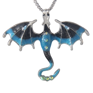 Gothic dragon pendant necklace with blue enamel wings and colorful rhinestones on silver chain