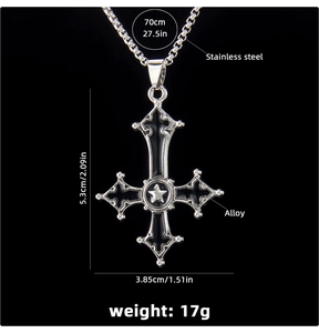 Macro view of gothic inverted cross pendant with dimension specs and steel chain details