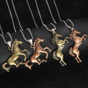 Vintage stainless steel jumping horse pendant necklace set in antique gold and copper finish