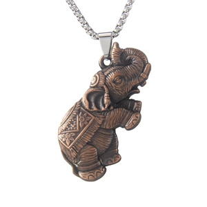 Vintage copper-toned elephant pendant necklace with detailed floral engraving for men