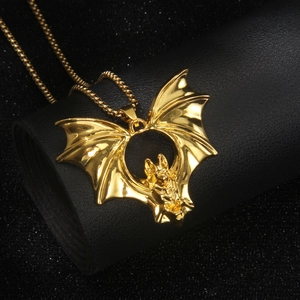 Gothic gold bat pendant necklace in stainless steel with detailed wings for men