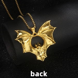 Gothic gold bat pendant necklace in stainless steel with 1982 engraving on the back side