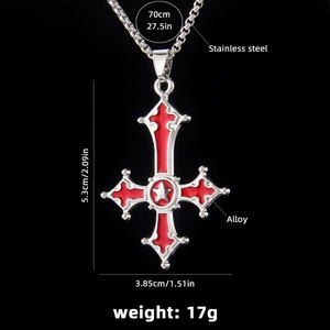 Gothic inverted cross necklace with red enamel and pentagram on stainless steel box chain