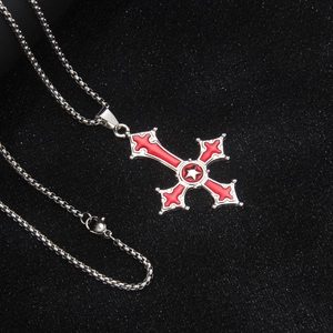 Gothic stainless steel upside down cross necklace with red enamel and star detail