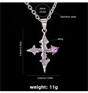 Detailed size specifications of Gothic cross necklace with purple heart gemstone