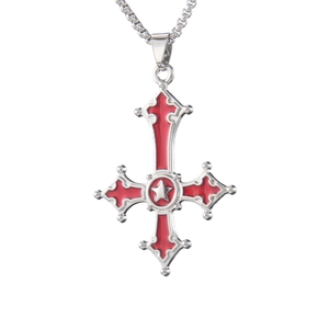 Gothic upside down cross stainless steel necklace with red enamel and pentagram
