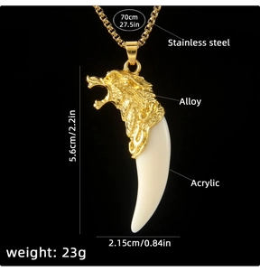 Detail view of wolf head pendant with acrylic tooth showing 70cm chain and dimensions