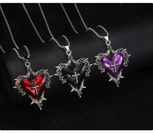 Collane gotiche spine e cuore con croce in smalto rosso nero viola su catena a sfere