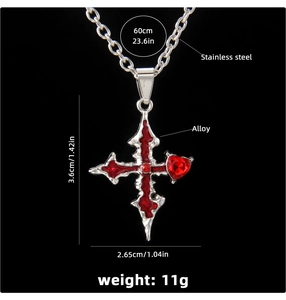 Detailed size chart for Gothic cross necklace with red heart stone and dimensions